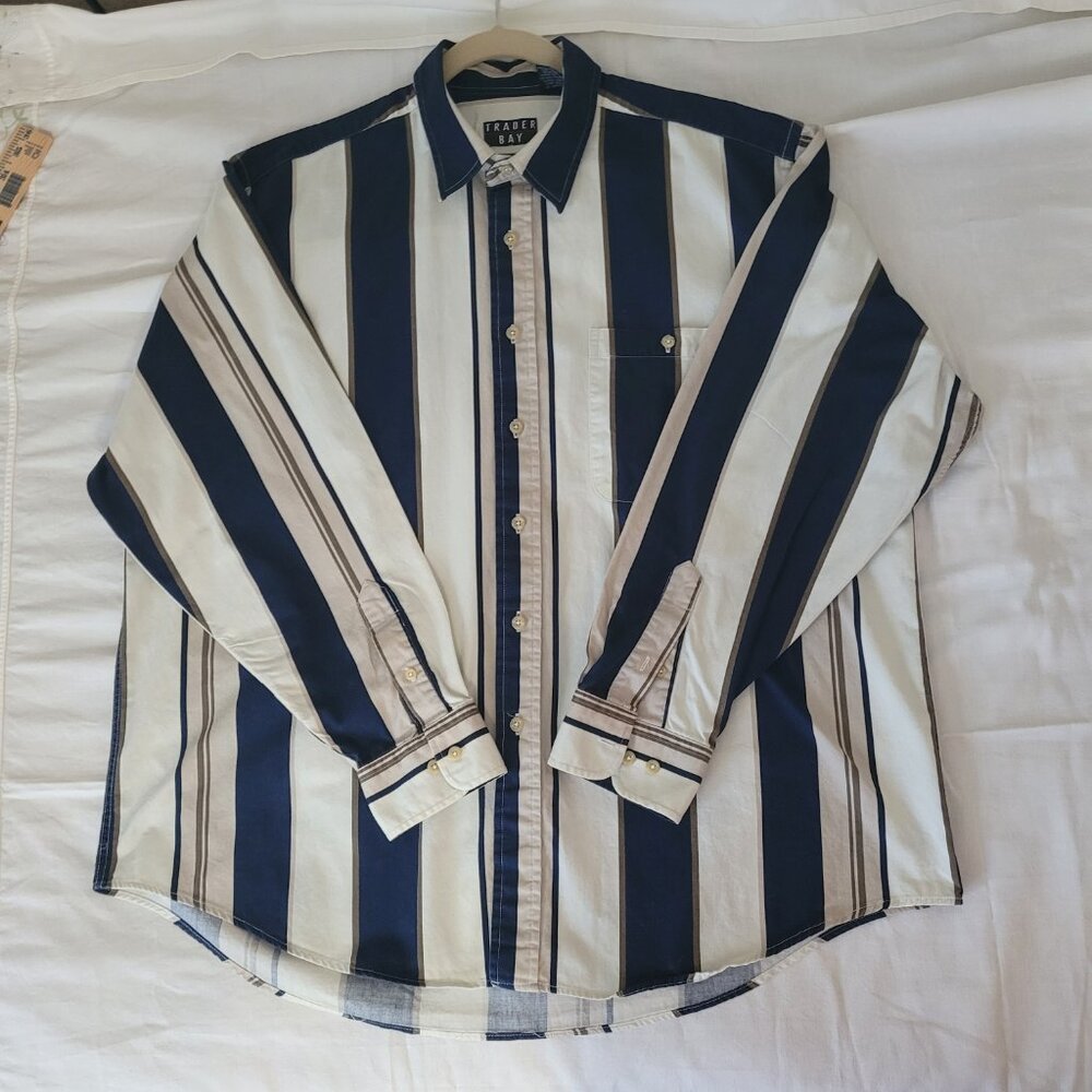 Navy Blue Striped Mens Long Sleeve Trader Bay Shirt Size XL